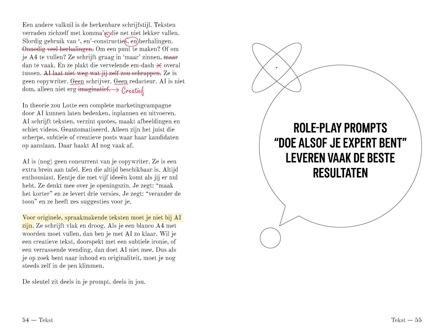 Tekstpagina over AI-schrijven naast de tip over role-play prompts, pagina 54 en 55.