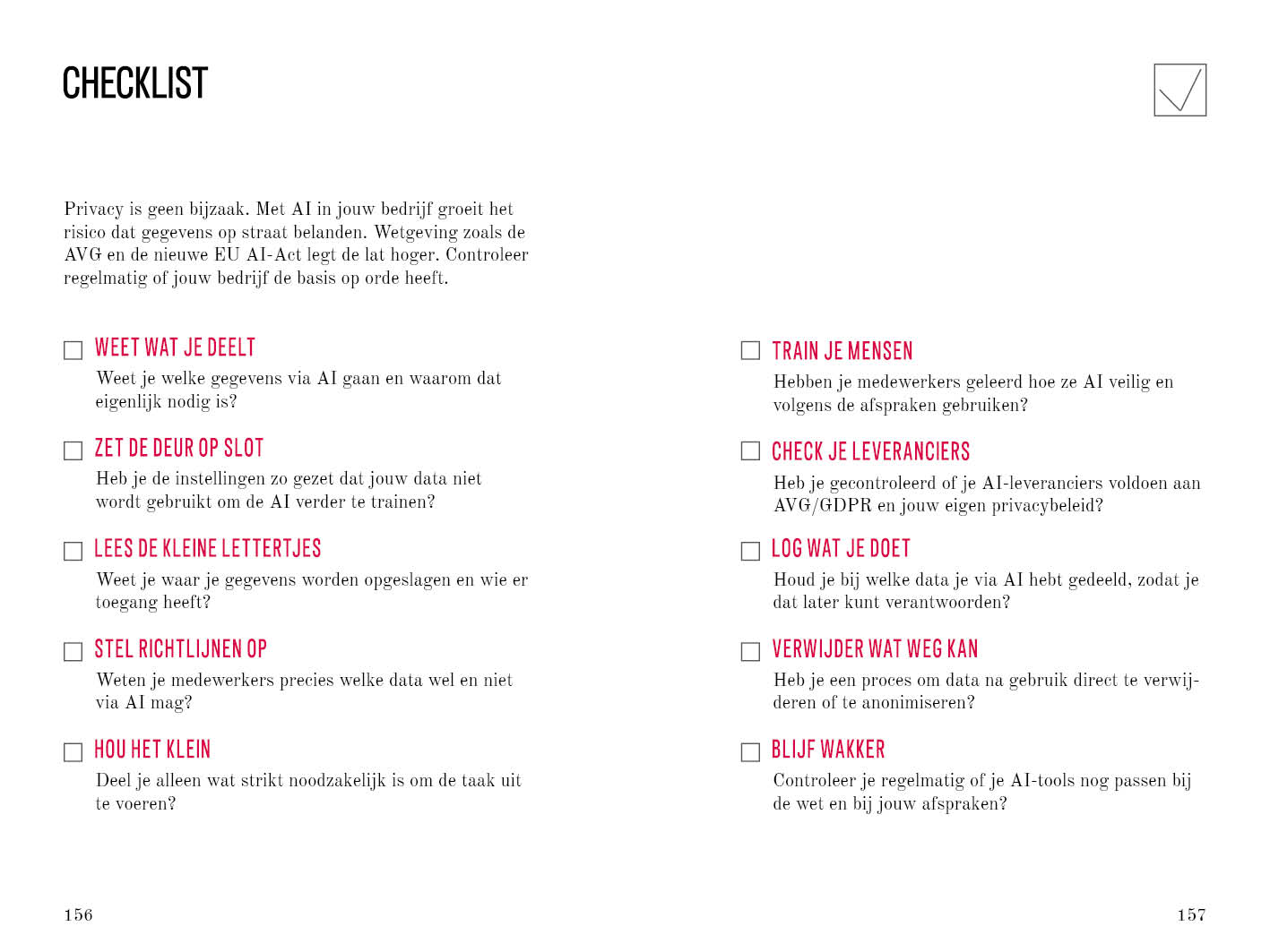 Privacy-checklist met tien aandachtspunten voor veilig AI-gebruik, pagina 156 en 157.